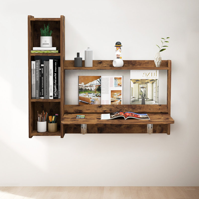 Bureau mural rustique pliable avec tablette de rangement Rustic Brown, Noyer, Gauche
