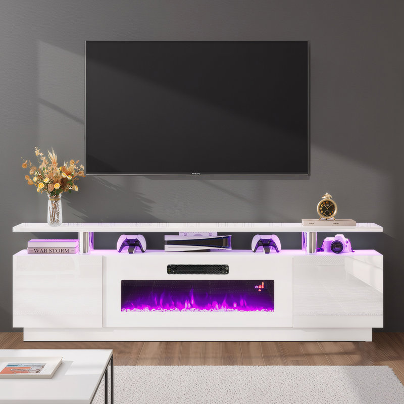 Meuble télé Bhhatu de 70 po avec foyer électrique à 2 niveaux, Entièrement blanche, 70"