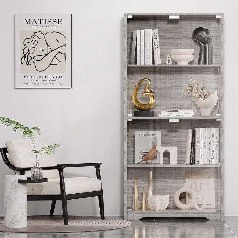Display Cabinet with Glass Doors, 4-Tier Curio Cabinet&Bookcase with 3 Colour Light for Collectibles