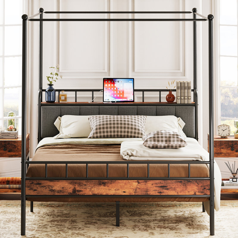 Metal Canopy Bed Frame, Storage Headboard With Charging Station And Removable Canopy, Queen