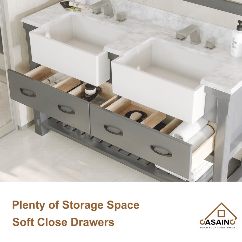 60'' Gray Solid Wood Double Bathroom Vanity with Quartz Top and Mirror