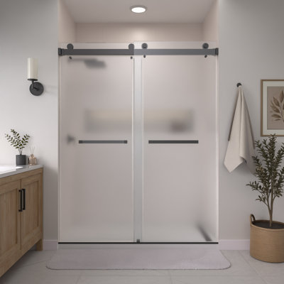 Porte de douche coulissante double sans cadre de 56 po à l 61 po x H 76 po Catalyst en noir mat avec verre gravé à l'acide 3/8 po
