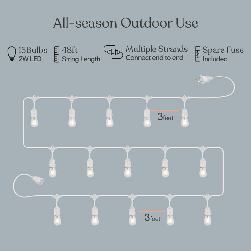 48 ft White LED Outdoor String Lights with Clear Bulbs