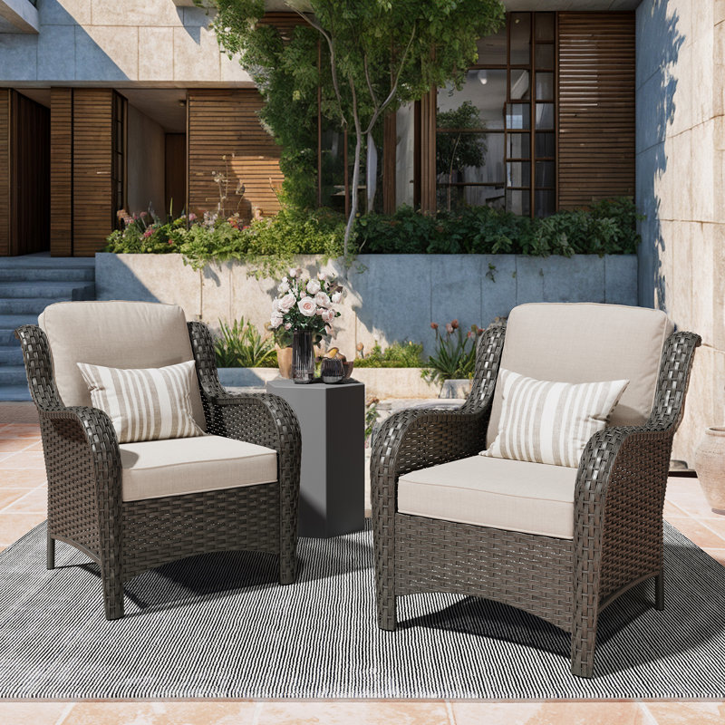 Guillen Wicker/rattan Patio Chair With Cushions, Beige Cushion/Brown Frame
