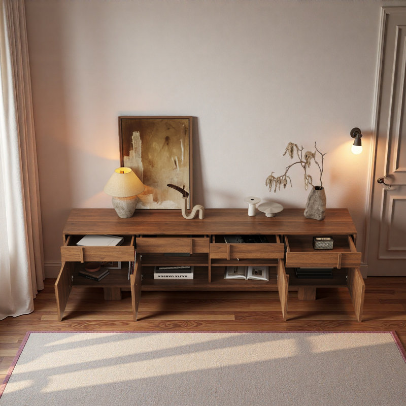 Meuble télé 70 po, console média moderne Mid-Century avec tiroirs et armoires, meuble audio-vidéo pour salon, finition bois chaleureux
