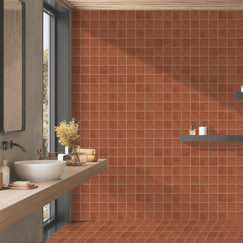 Literary License 3'' W x 3'' L Porcelain Concrete Look Tile Grid Mosaic Sheet, Quarry Red