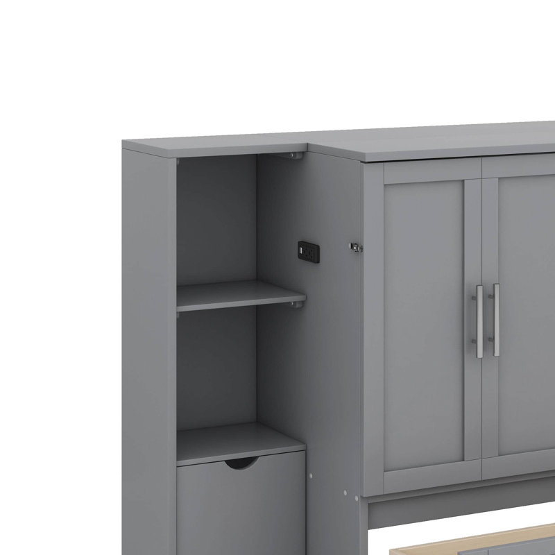 Grand lit escamotable avec tiroirs, tablettes et ports USB, gris