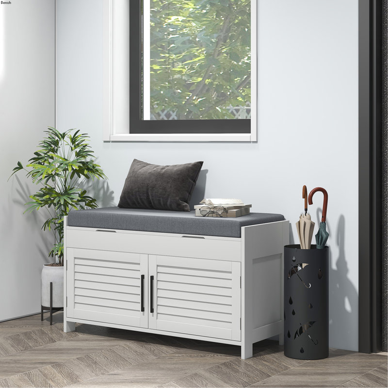 White Entryway Shoe Storage Bench with Gray Cushion and Shutter Doors