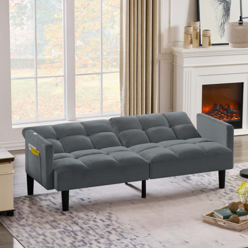Velvet Futon Couch Convertible Folding Sofa Bed Tufted Couch, Gray