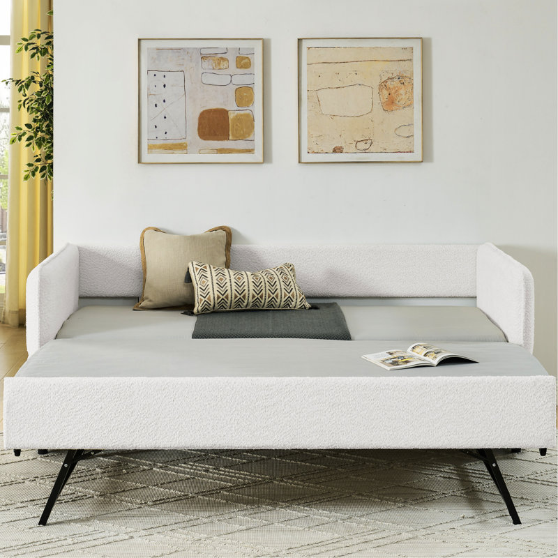 Lit de jour rembourré beige avec couchette Boucle, taille simple, 83 po x 43 po x 29,5 po, rayures verticales, sommeil confortable, idéal pour les salles familiales Tissu à l'arrière, sièges, bureaux appropriés