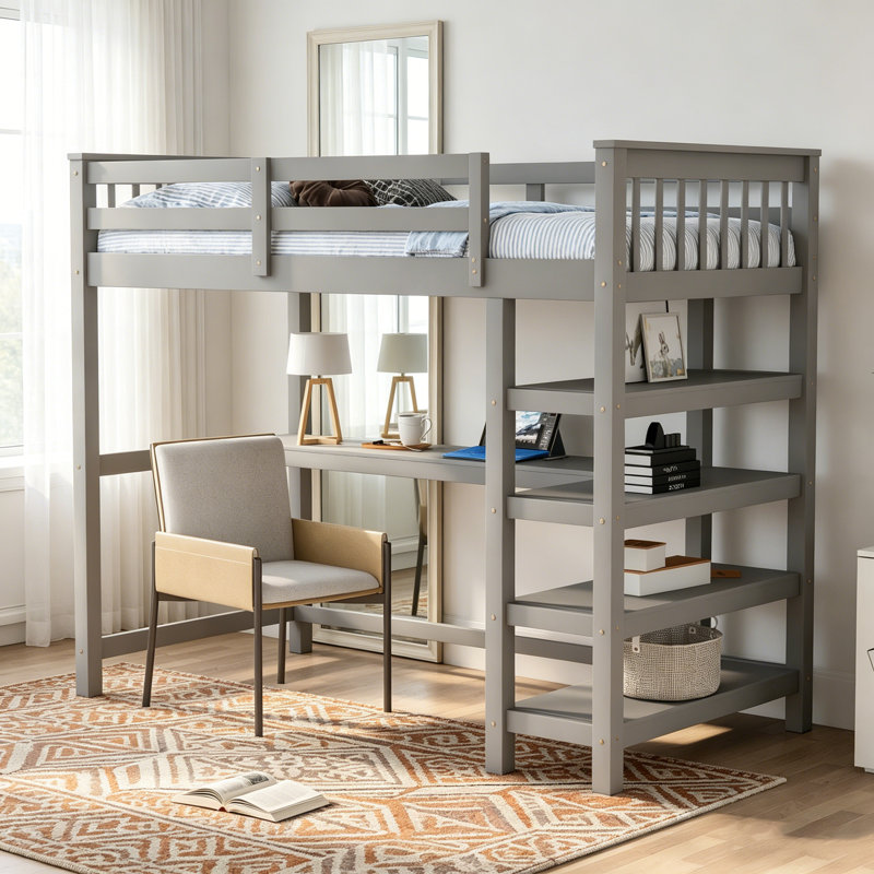 Lit mezzanine double avec tablettes de rangement et bureau sous le lit, maximisant l'espace et améliorant la productivité