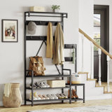 Parent-Child Industrial Hall Tree: Coat Rack Shoe Bench with Storage Cubbies, Hooks & Top Shelf