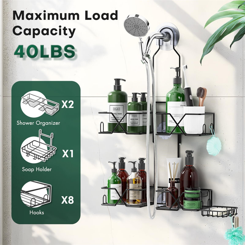Adjustable Black Stainless Steel Hanging Shower Caddy with Suction Mount