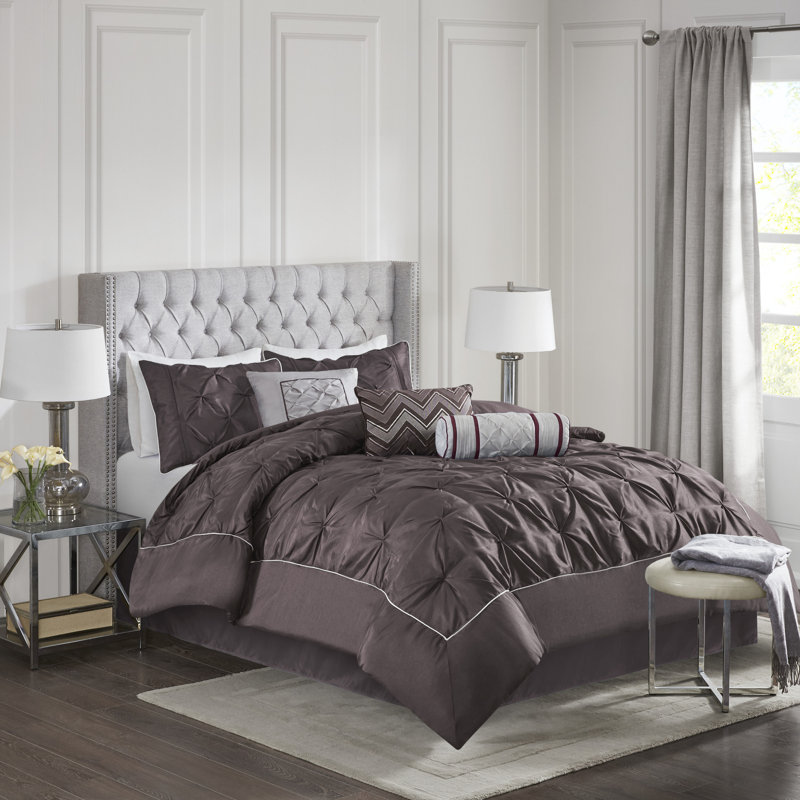 Laurel 7 Piece Tufted Comforter Set, Plum, Queen Comforter + 1 Bed Skirt + 2 Shams + 3 Decora