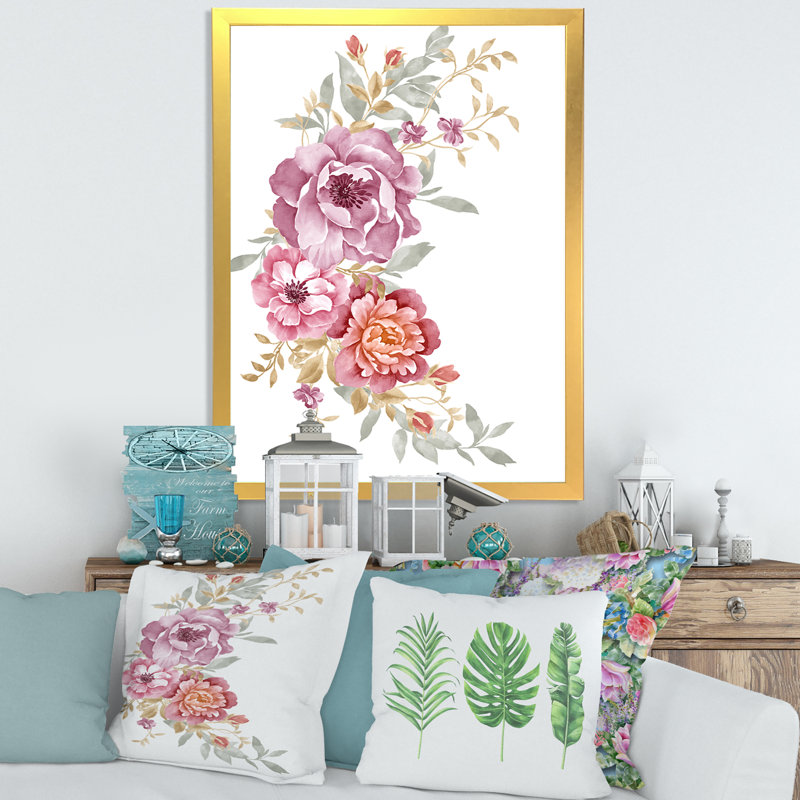 Bouquet de fleurs roses et mauves III - reproduction d'art sur toile, H 32 po x l 16 po x P 1 po, Doré