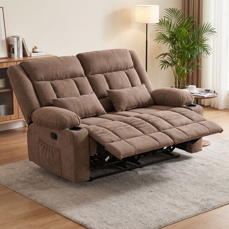 Causeuse inclinable en tissu brun avec deux repose-pieds manuels et porte-gobelets