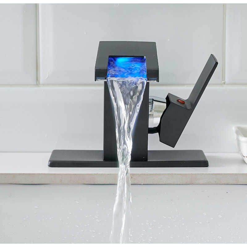 Waterfall Glass Spout Bathroom Faucet - LED 3-Color Changing Single Handle One Hole Deck Mounted Mixer, Matte Black