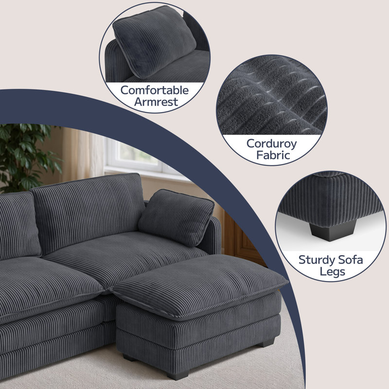 110.2" L Shaped Couch Modular Cloud  Sectional Sofa with Freely Combinable Ottomans,2 Pillows Lantern-Wick Corduroy Deep Seat Sofa Bed for Modern Living Room
