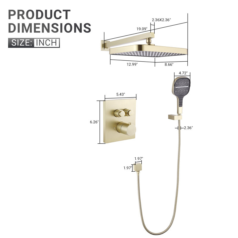 Brushed Gold Dual Square Rainfall Shower System with Handheld