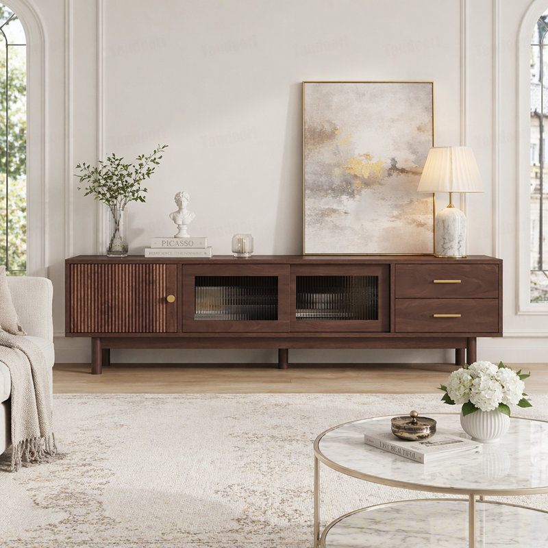Meuble télé moderne pour téléviseur de 80 po, centre de divertissement avec portes coulissantes en verre et 2 tiroirs, meuble télé avec rangement, chambre à coucher