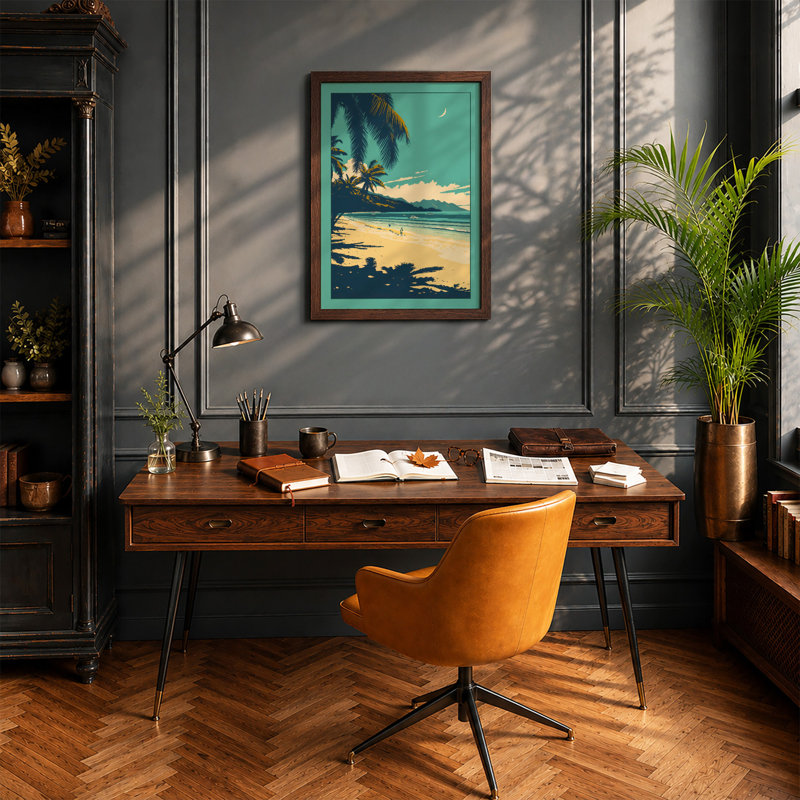 Moonlit Shore Tropical - Framed Print, A2 - 59.4 x 42.0 cm, Walnut