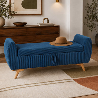 Banc de rangement moderne en velours côtelé minimaliste avec compartiment caché, accoudoirs courbés et pieds en bois pour la chambre à coucher, le vestibule, le couloir et le salon