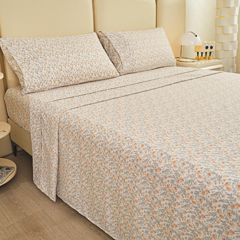 Ensemble de draps à motif de fleurs d'oranger Viviland, Double, Fleur orange