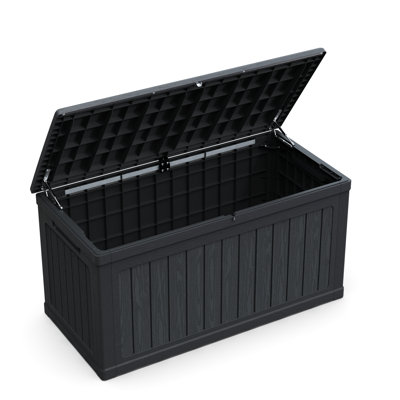 Boîte de rangement pour terrasse XXL de 230 gallons, en résine imperméable et verrouillable noire, pour ranger les outils de jardin et les coussins de patio, protection contre les intempéries à double paroi, système de levage facile, utilisation à l'intérieur comme à l'extérieur,
