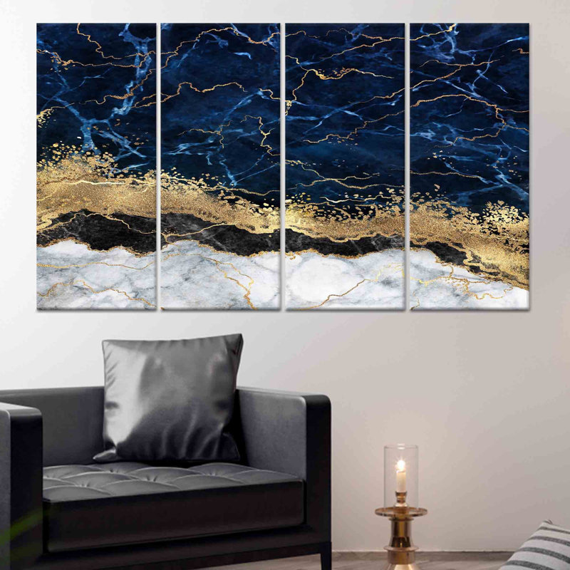 Impression sur toile marbrée bleu marine et or, toile tendue 4P, 43,3 po H x 78,7 po l