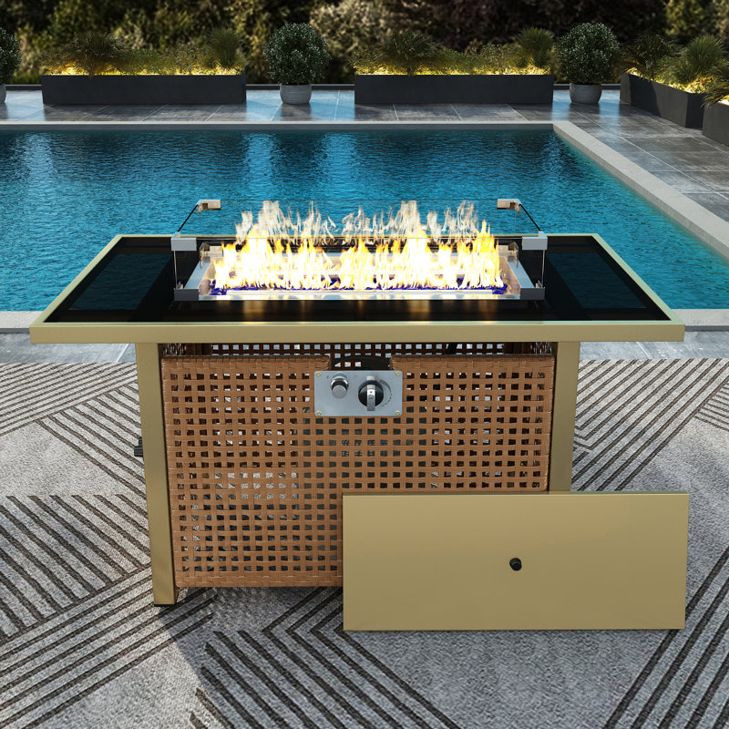 Table de foyer d'extérieur rectangulaire de 43 po, 60000 propane, tissage ouvert, pare-vent en verre pour terrasse extérieure - table de fosse au propane orange et jaune moutarde avec pierres bleues,