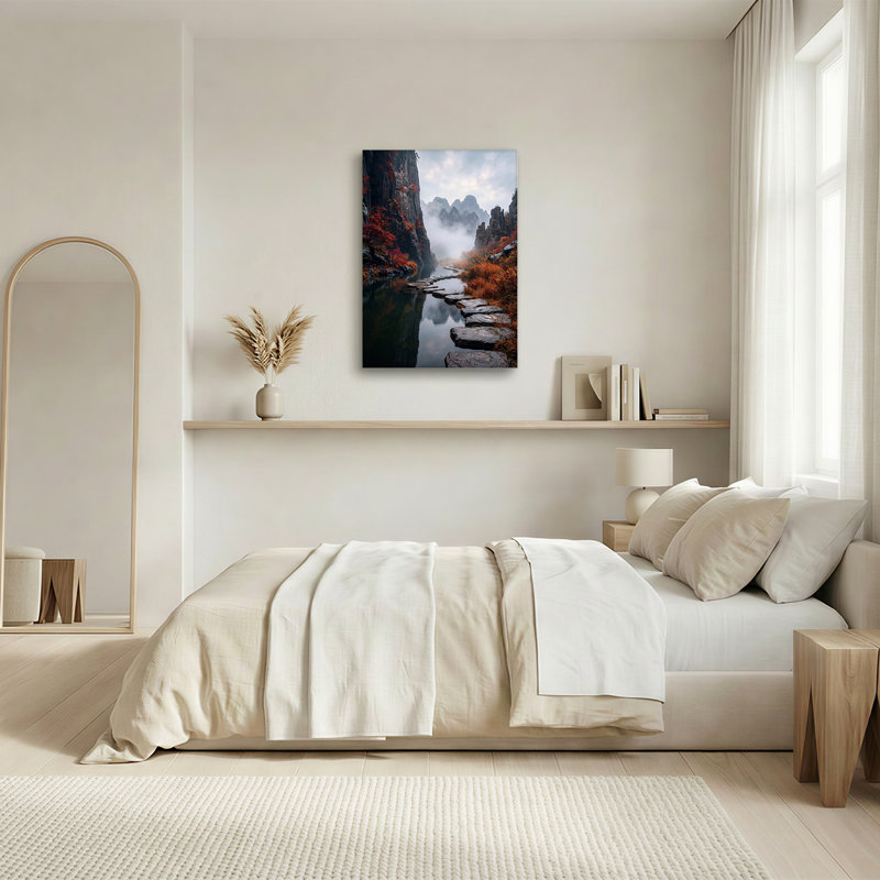 Art mural sur toile, "Misty Mountain River" avec marches de pierre et arbres d'automne, 30"H x 20"W