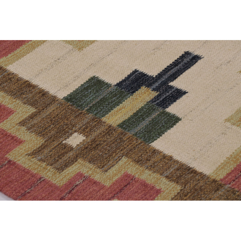 Vintage Swedish Rya Flatweave, Beige With Red Geometric Medallion - Rug & Kilim