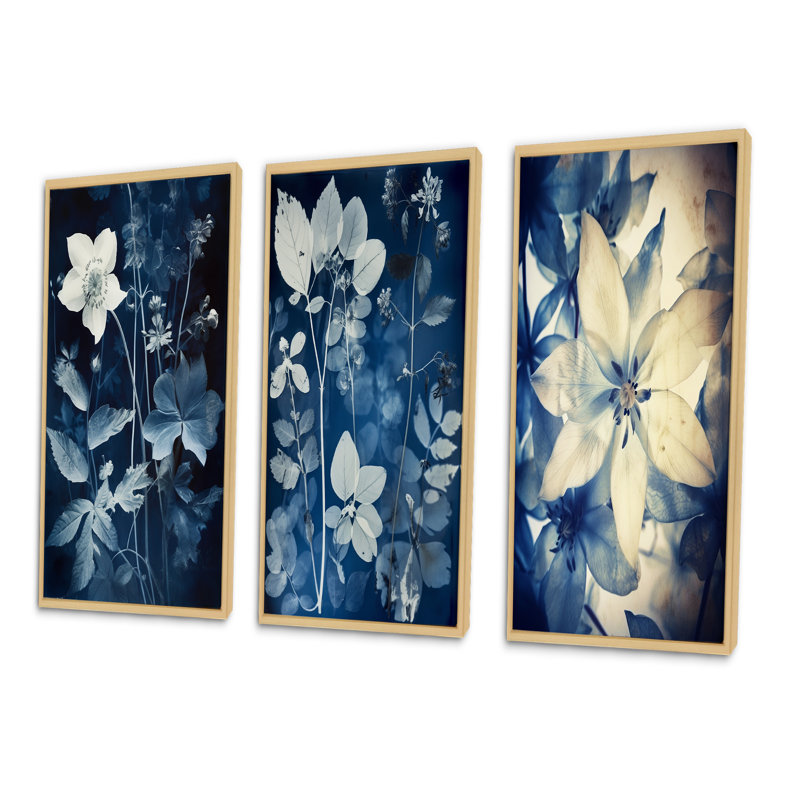 «Vintage Botanical Autumn Leaves Faded Blue», 3 pièces, Cadre naturel flottant, H 32 po x l 48 po