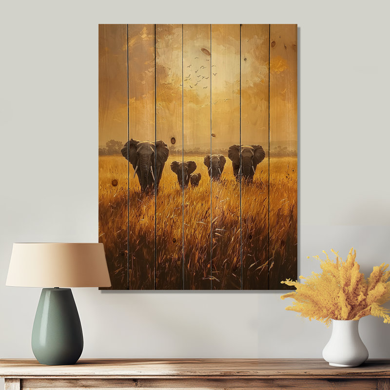 Elephants Crossing The Savannah I - Elephant Animal Wood Wall Art - On Natural Pine Wood, 40" H x 30" W x 0.78" D