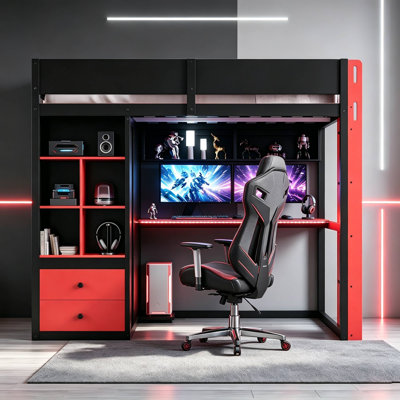 Lit mezzanine Gaming avec garde-robe intégré (tringle à vêtements), bureau d'ordinateur avec éclairage à DEL RVB avec station de charge, casiers de rangement et tiroirs