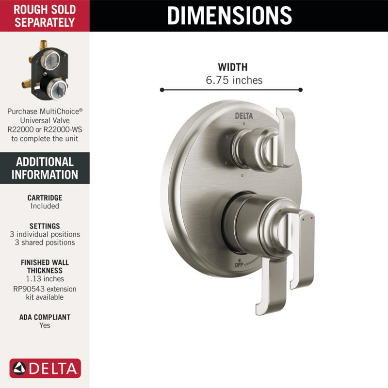 Tetra 17 Series 6-Setting Integrated Diverter Valve Trim Kit, Shower Faucet Diverter Kit, Lumicoat Chrome