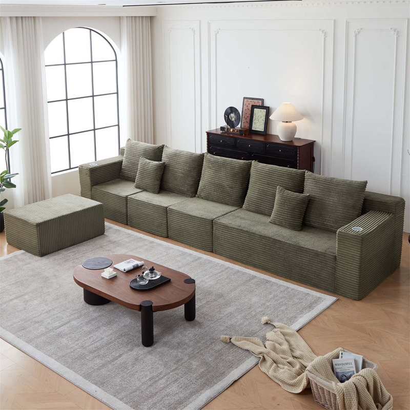 Canapé modulaire profond en velours côtelé avec porte-gobelets, aucun assemblage requis, H 30 po x l 165 po x P 78,5 po, Gris