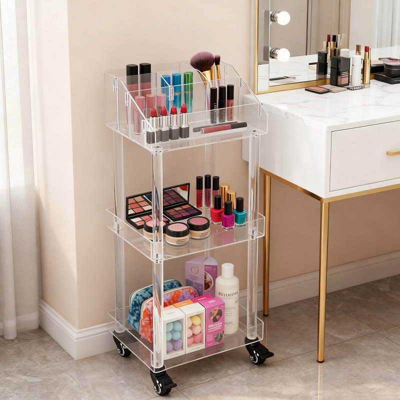 Étagère de rangement multi-usage en acrylique à 3 niveaux avec roulettes