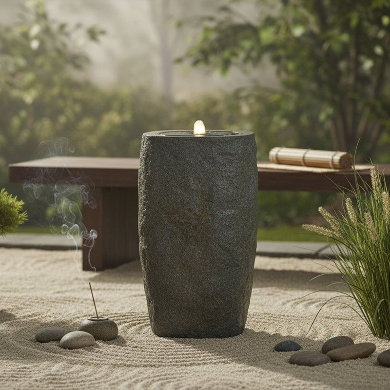Cylinder Polystone LED Outdoor Bubble Fountain - Gray, Gray