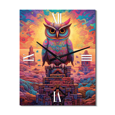 Portrait Of Purple Shamanic Owl Mexican Dessert I - Animals Owl Very Wall Clocks