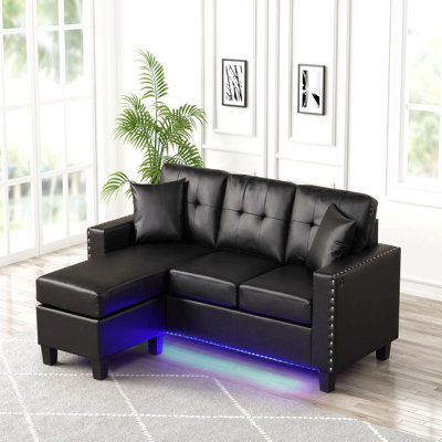 Canapé modulaire réversible en PVC noir l 74 po Sorrento avec lumière DEL, port USB, garniture cloutée, coussins décoratifs, coussin capitonné