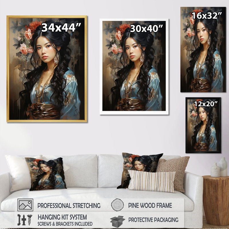 «Darneisha Asian Art Geishas Grace II», reproduction sur toile, H 32 po x l 16 po x P 1 po, Cadre photo noir