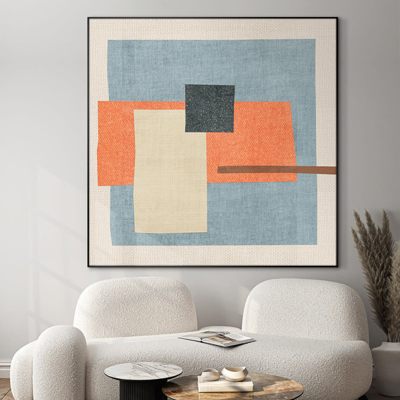 Motif de blocs de couleurs avec décorations murales très larges encadrées orange, bleu et crème (assemblage requis)