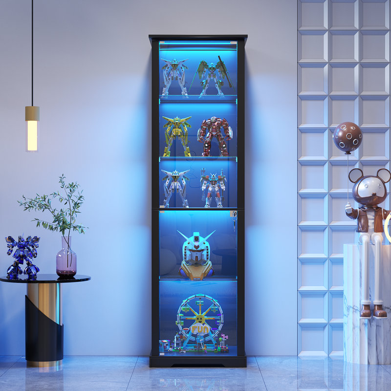 5-Shelve Glass Display Cabinet, Black