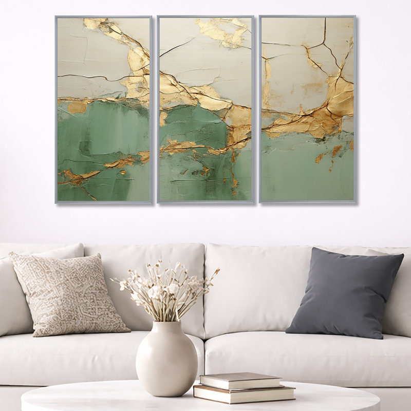 «Green Gold Minimalisme Poteries», ensemble d'art sur toile à spirales abstraites, H 28 po x l 36 po, Cadre argenté flottant