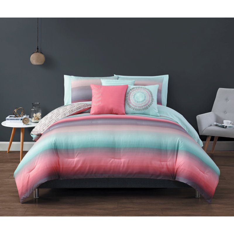 Polyester Comforter, Twin Comforter + 9 Additional Pieces, Coral/Blue/Taupe