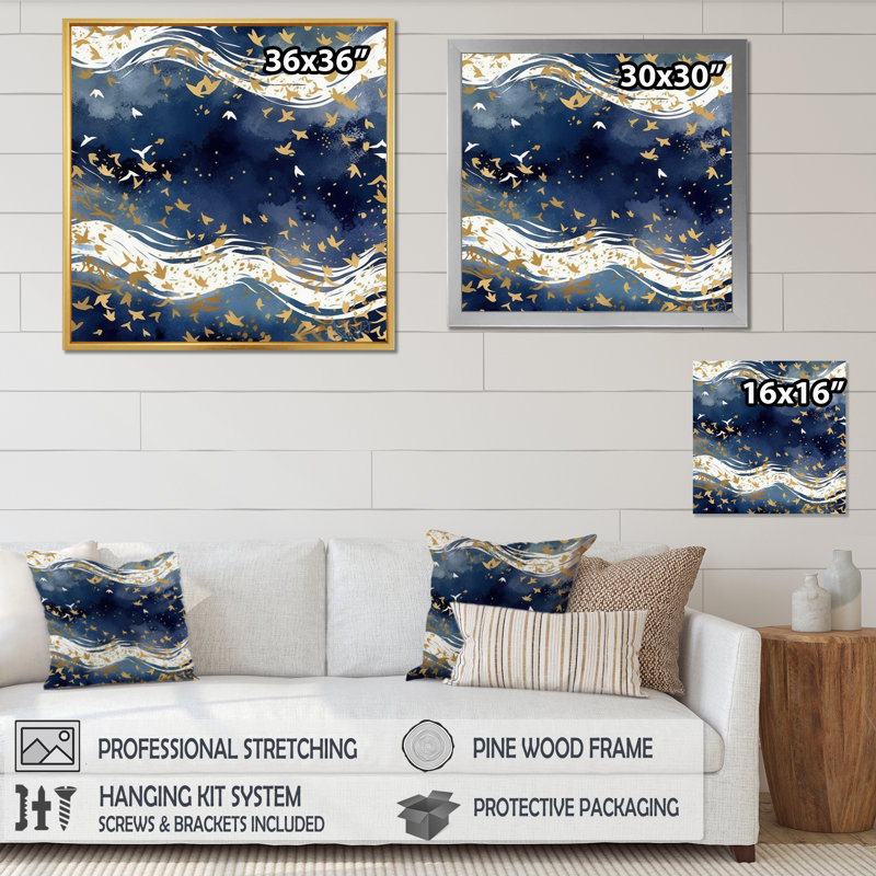 Bleu foncé et or abstrait VI, Cadre flottant doré, H 30 po x l 30 po x P 1 po