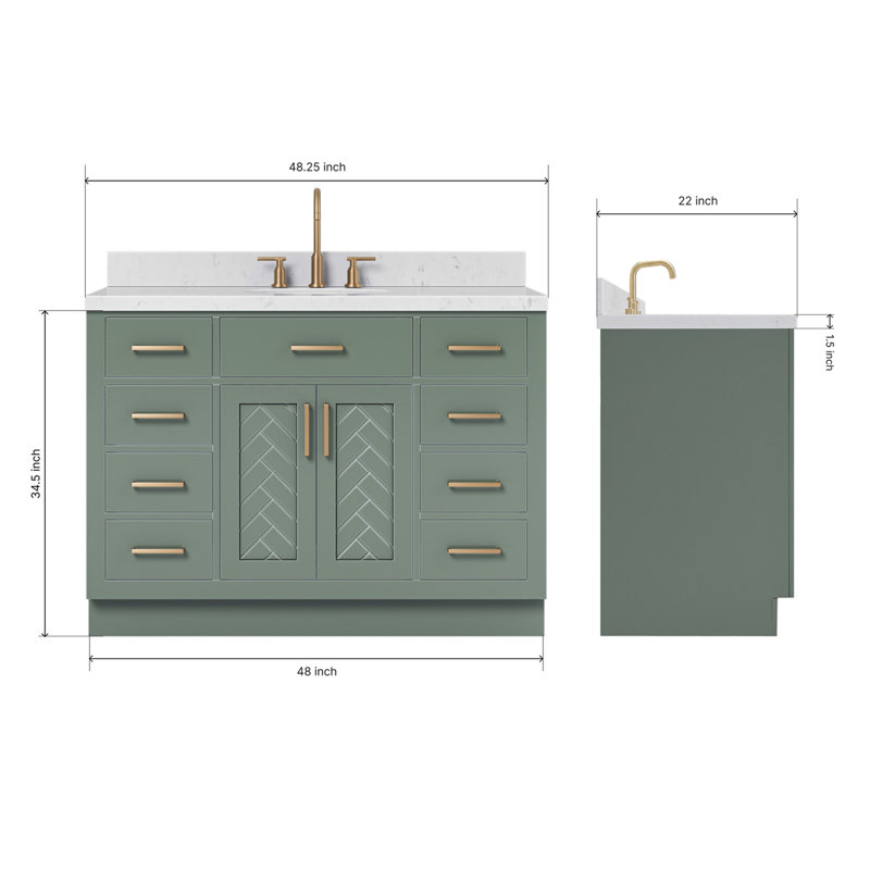 Meuble-lavabo ovale simple 48 po à chevrons avec comptoir en quartz blanc Carrare 1,5 po vert rétro, Ovale, Vert rétro
