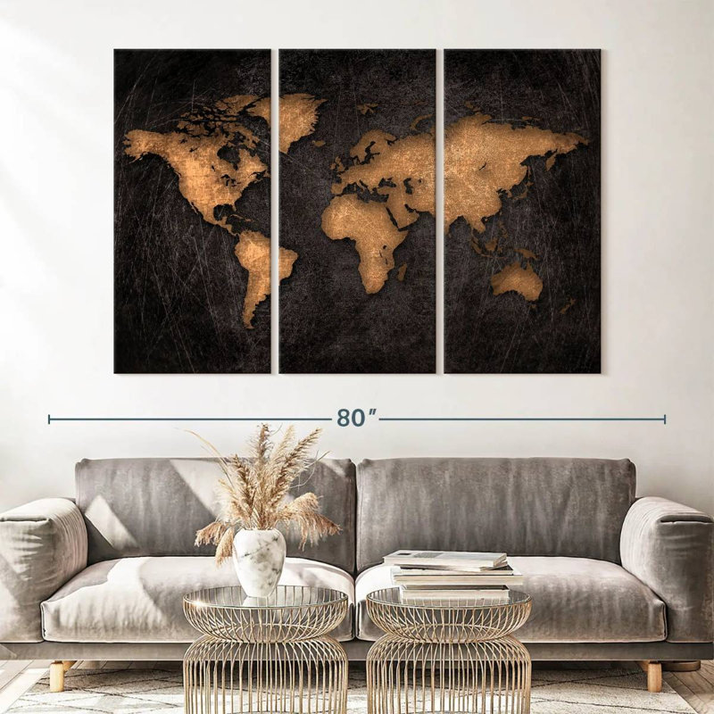 «World Map Aged World Map XXXIV», ensemble de 3 pièces sur toile par Finnian P, H 42 po x l 65 po x P 1,25 po
