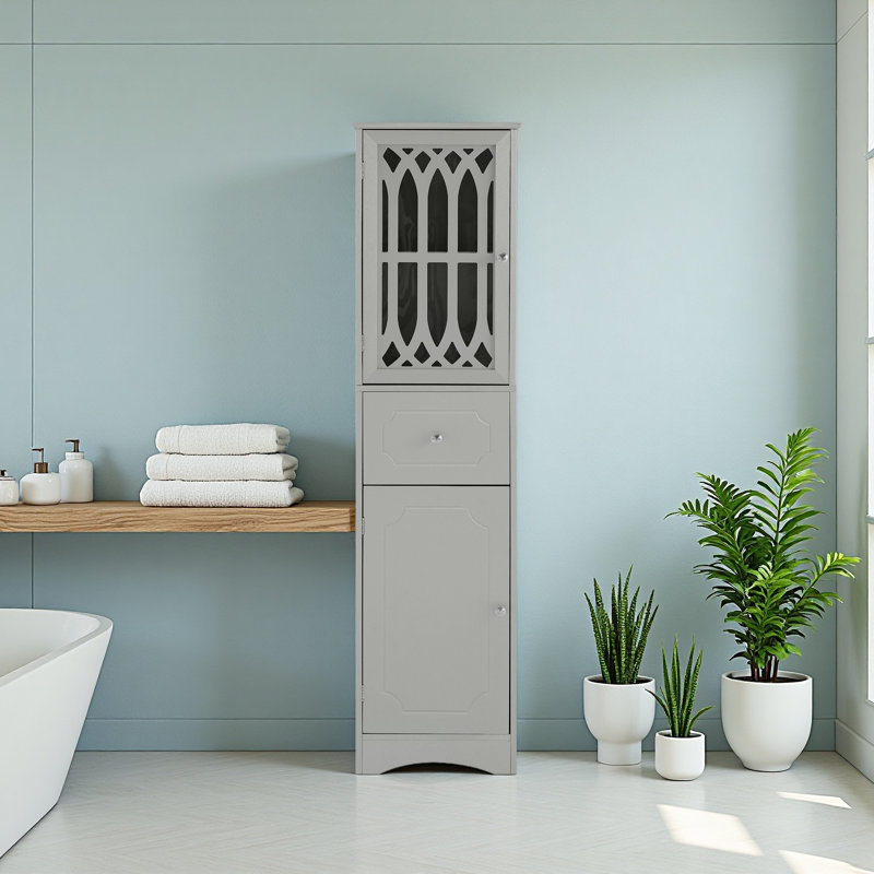 Grande armoire de salle de bain, armoire de rangement autoportante avec tiroir et portes, Gris